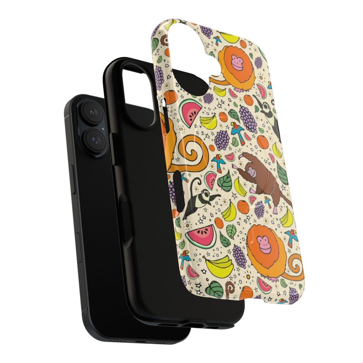 Magnetic tough phone case featuring a colorful monkey and jungle pattern design - Layers