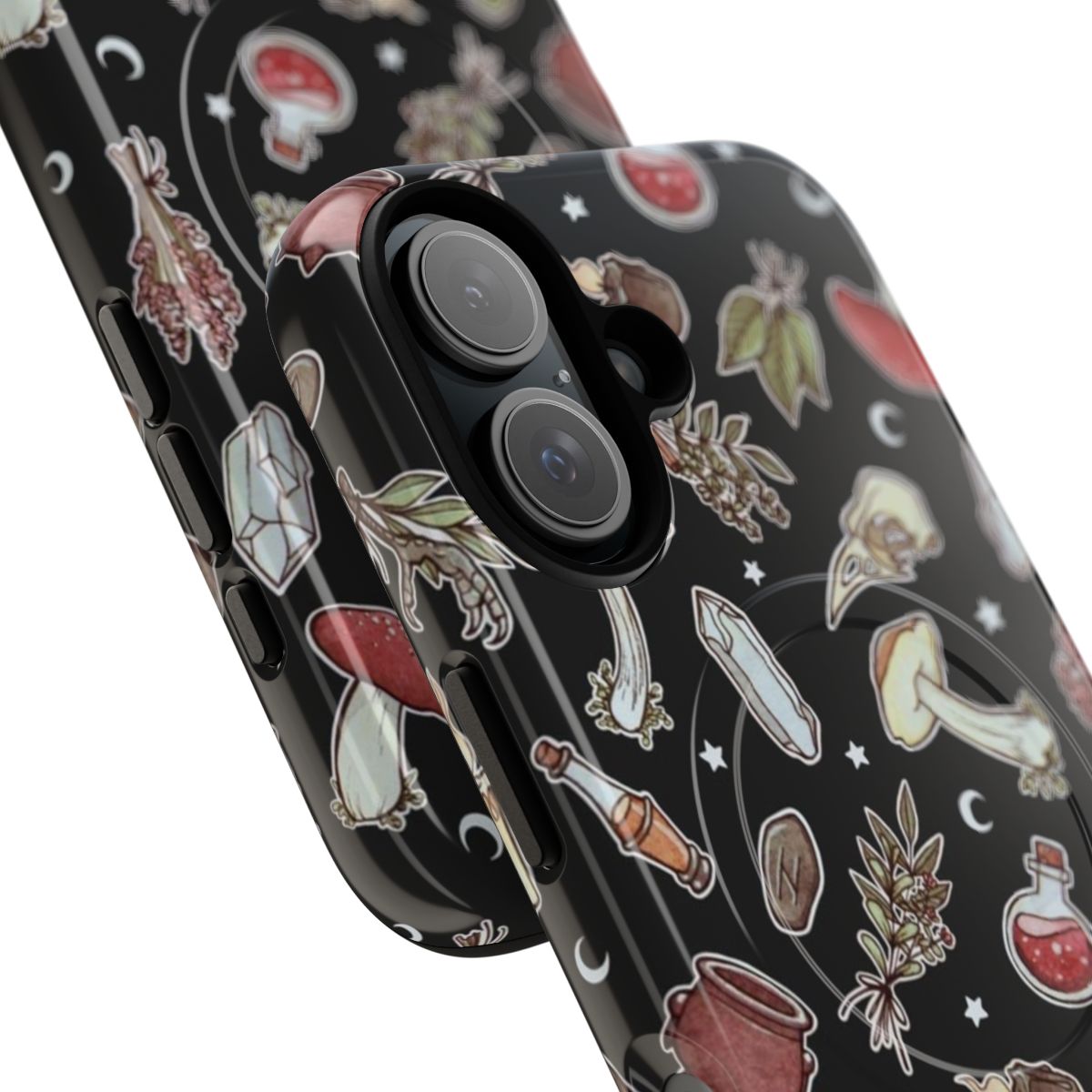 Witchy pattern dark magnetic tough phone case with spooky elements like moon, crystal, and mushroom - Detail