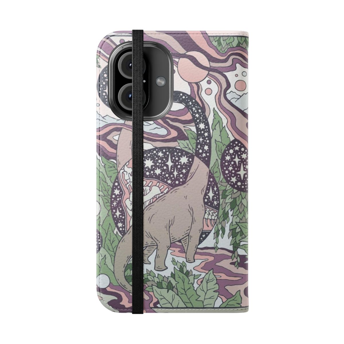 Colorful and vibrant phone case featuring a brachiosaurus dinosaur against a psychedelic, cosmic backdrop. - Folded Front