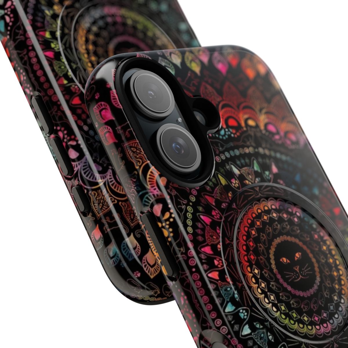 Colorful mandala-inspired phone case with a glowing kitty cat design - Detail