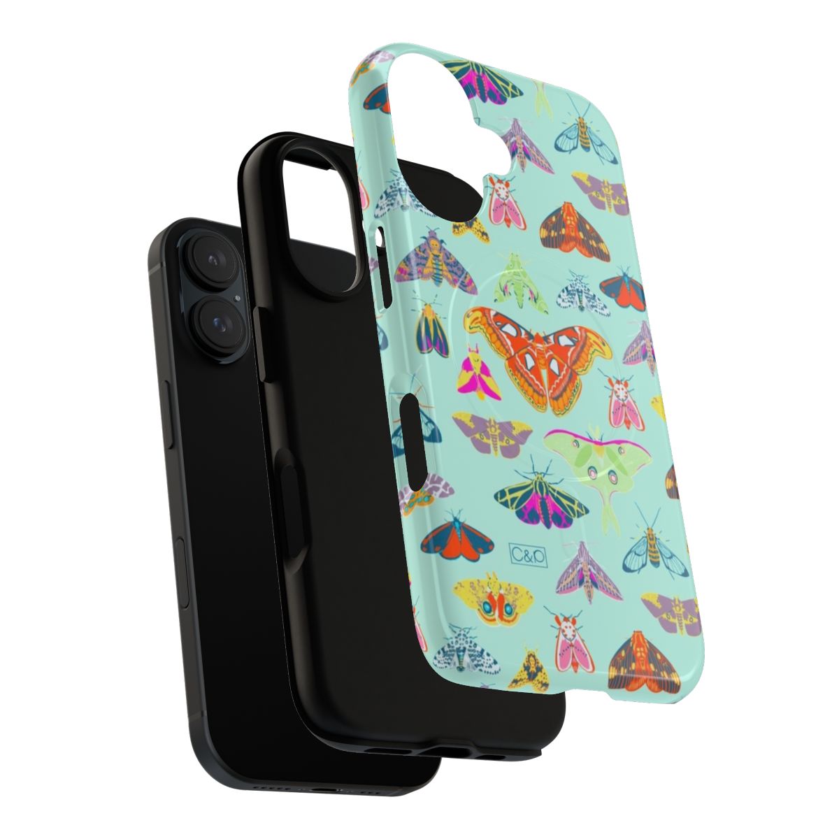 Colorful magnetic tough phone case featuring a surface design with vibrant moths and butterflies - Layers