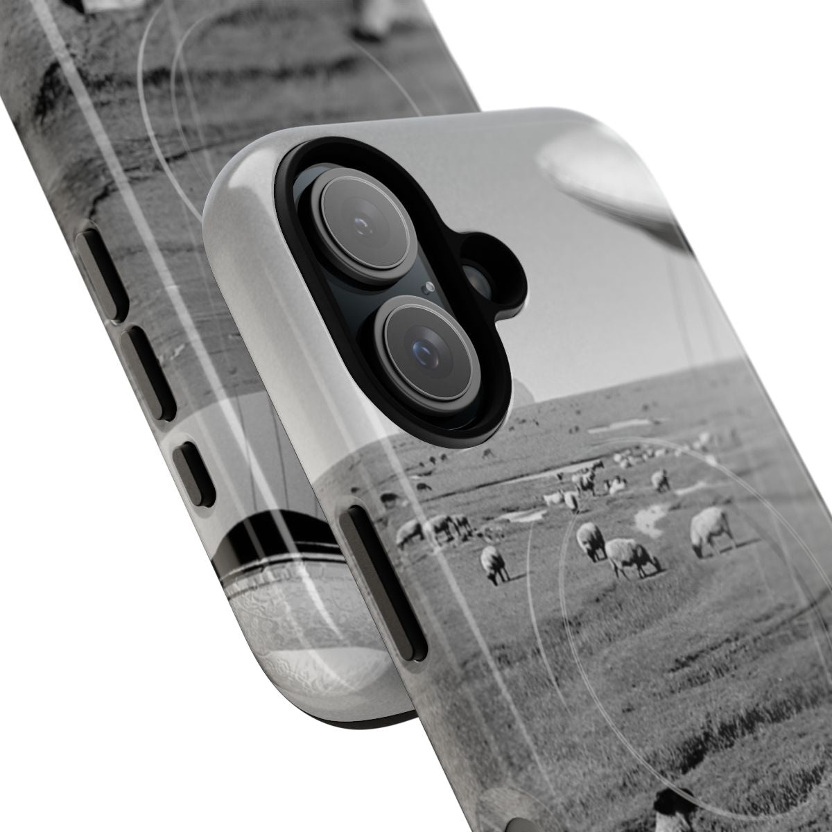 Magnetic phone case featuring a surreal night sky with a UFO and extraterrestrial elements - Detail