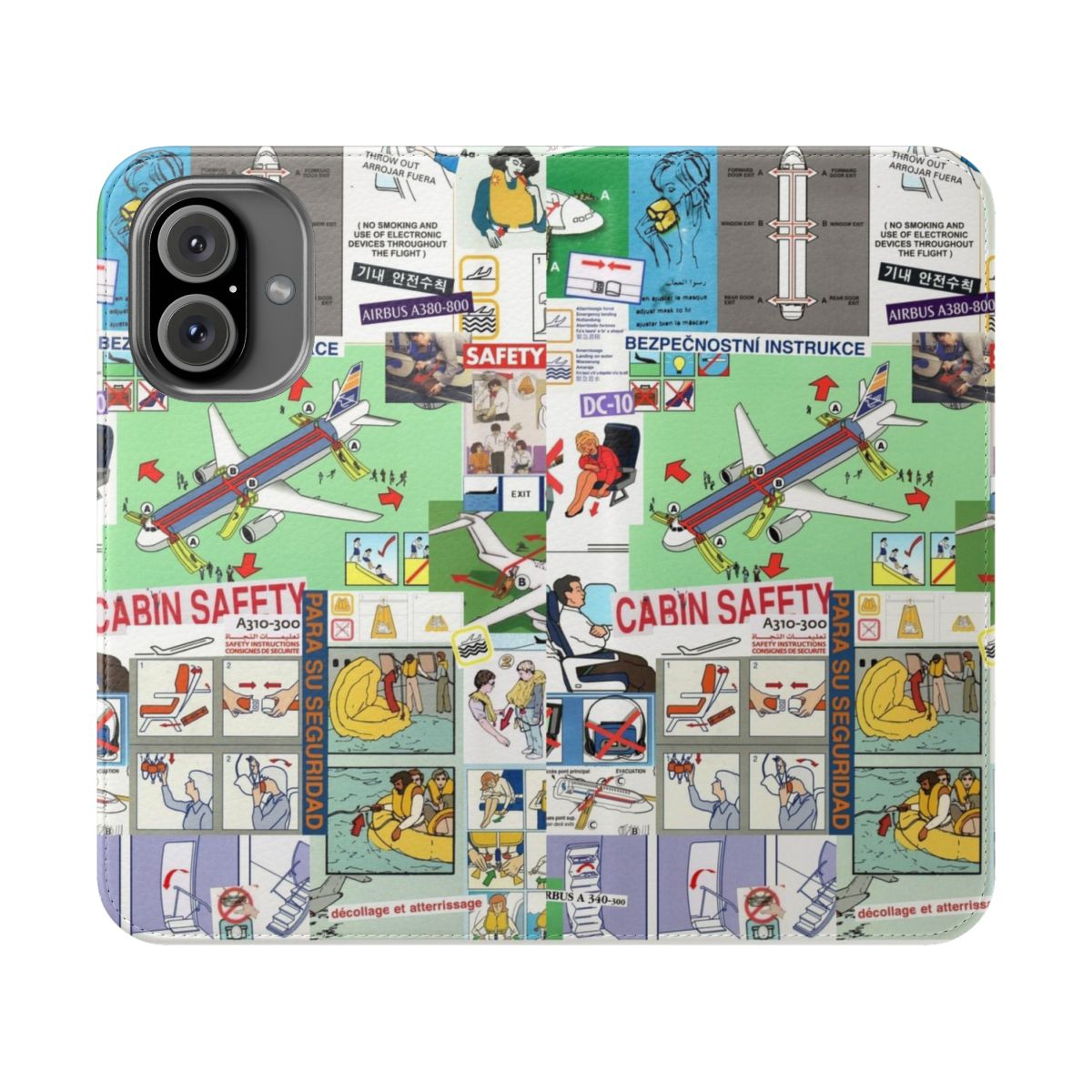 Collage phone case design with aviation and flight safety themed elements.