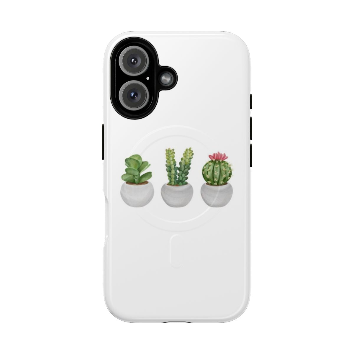 Magnetic phone case featuring a colorful array of succulent plants, cacti, and floral designs.