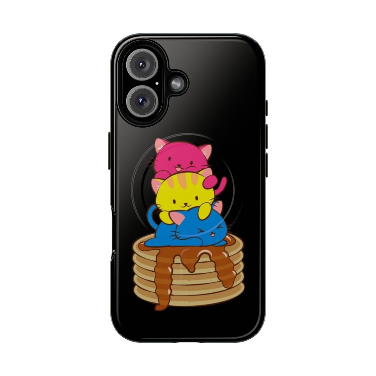 Pansexual pride flag phone case with cute kawaii cats eating pancakes