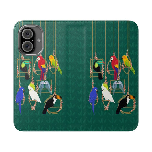 Tropical-themed flip phone case with colorful birds, tiki motifs, and a bright, summer-inspired design