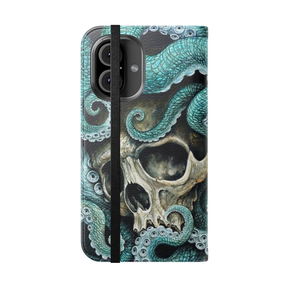 Flip cover phone case featuring a dark, moody oil painting of a skull and octopus tentacles. - Folded Front