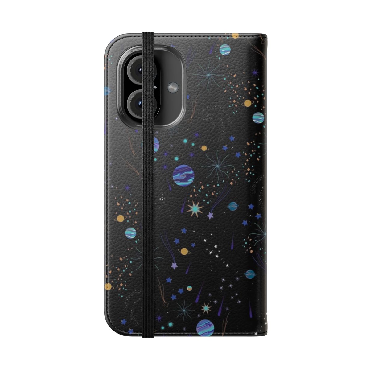 A flip phone case cover with a vibrant cosmic space-themed pattern featuring stars, planets, comets, and a nebula in shades of black, purple, blue, and gold. - Folded Front