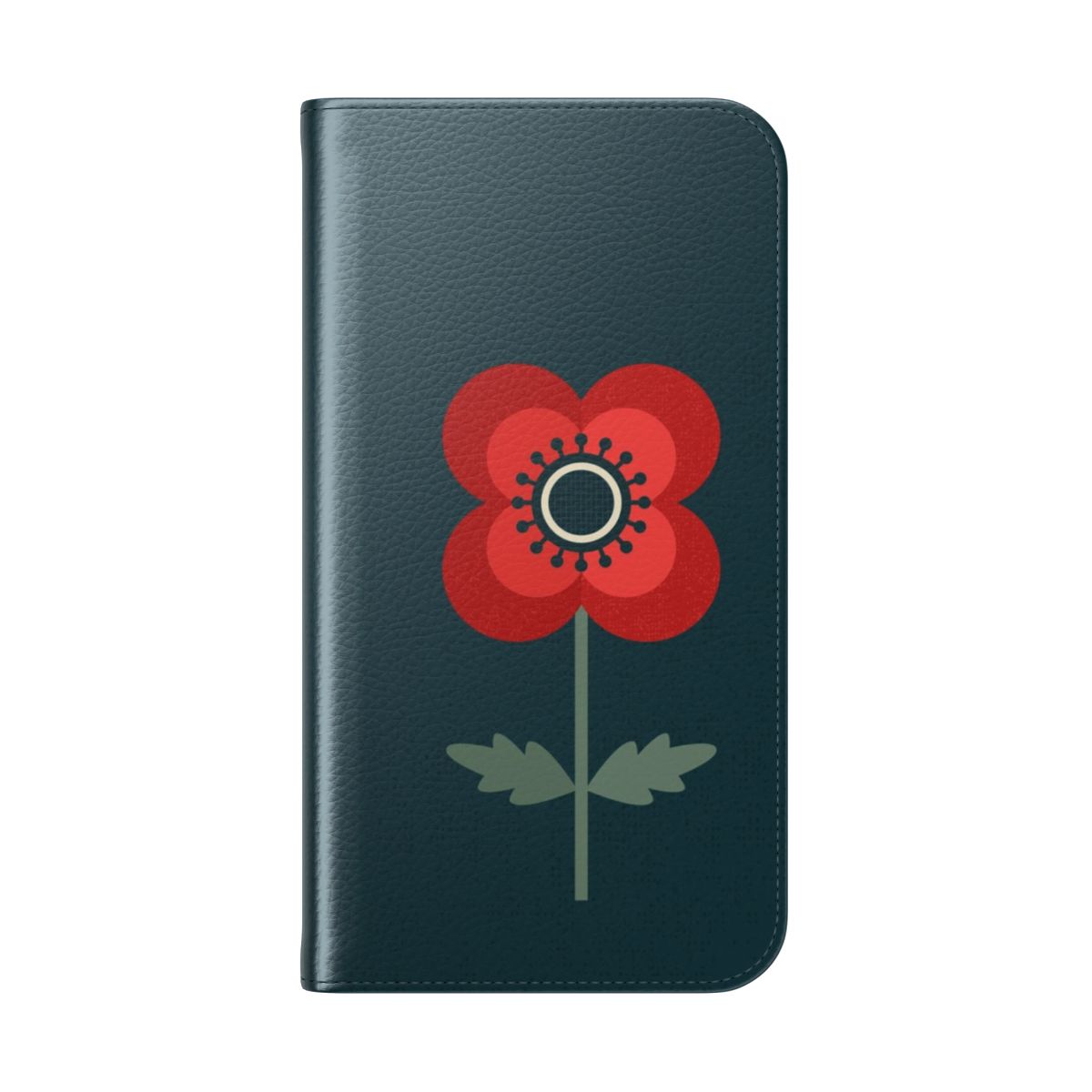 Vintage red poppy flower pattern on a forest green background phone case - Folded Back