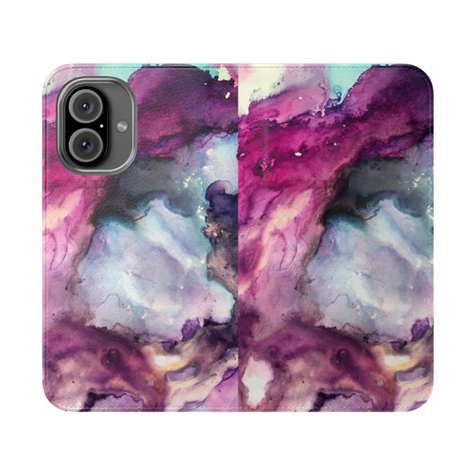 A vibrant, abstract mixed media painting in shades of purple and pink with fluid, galaxy-inspired designs, printed on a phone case.