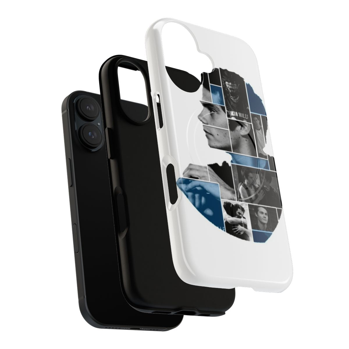 Magnetic tough phone case featuring a black, white, and blue design inspired by the TV series Teen Wolf and its characters Stiles Stilinski and Scott McCall. - Layers