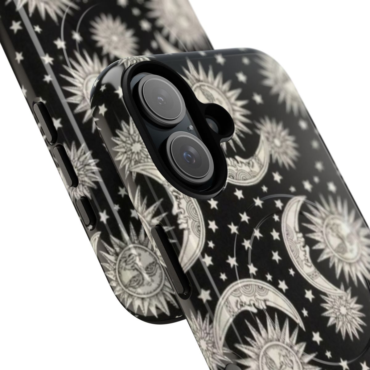 A phone case featuring a retro, vintage design with a sun and moon design against a starry background. - Detail