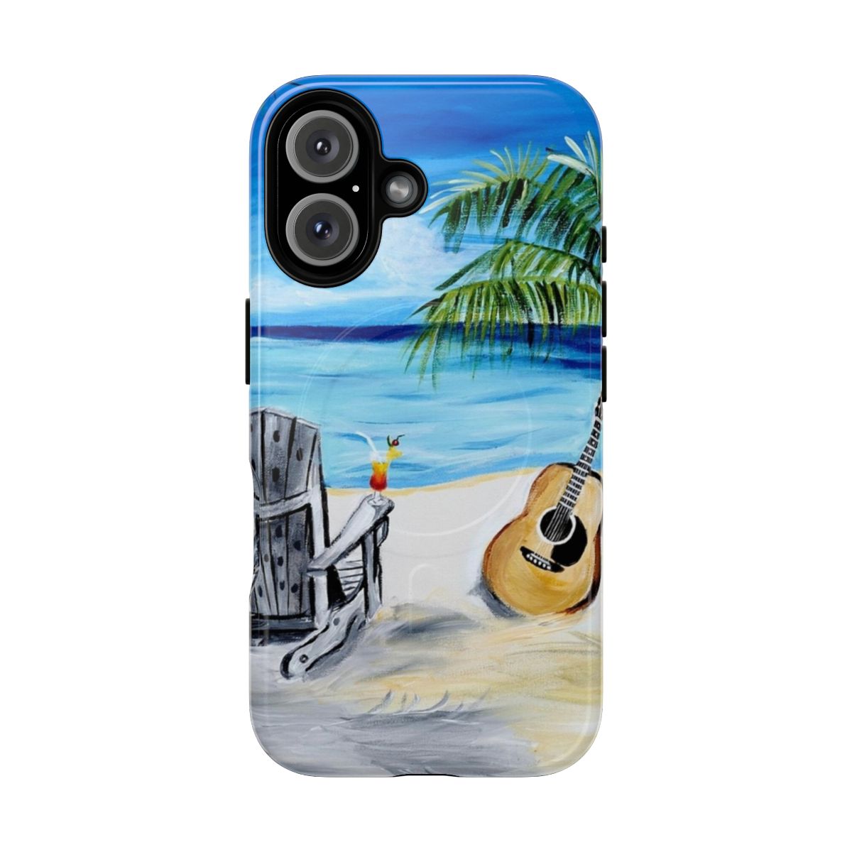 Magnetic tough phone case with a scenic beach and guitar design