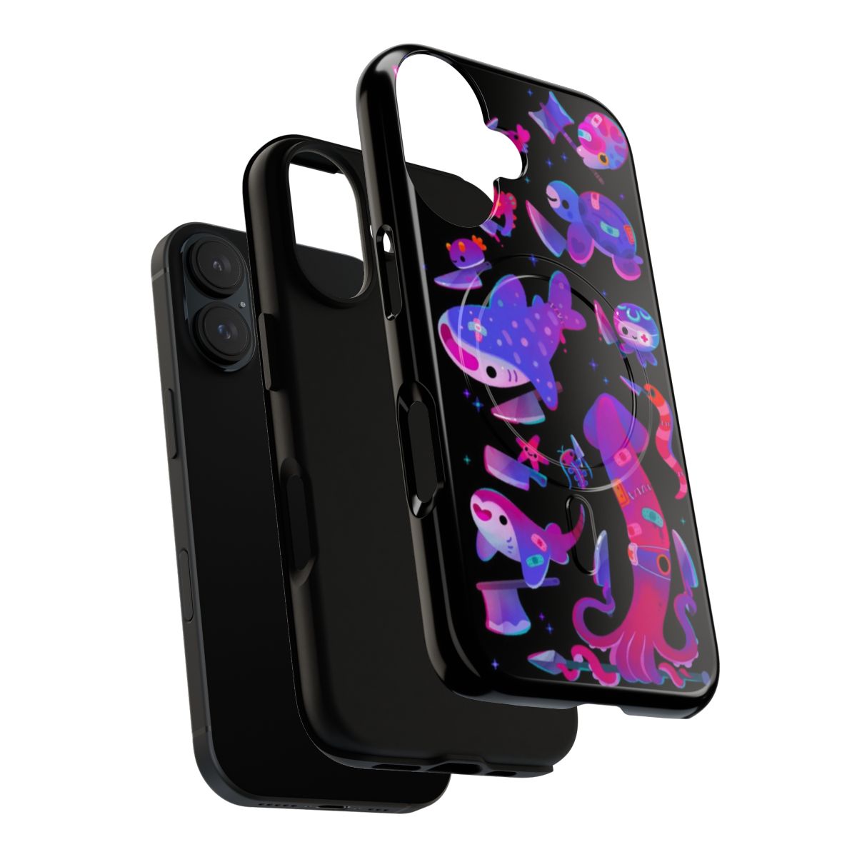 Magnetic tough phone case with stabby marine life creatures like sea turtles, squid, and sharks. - Layers