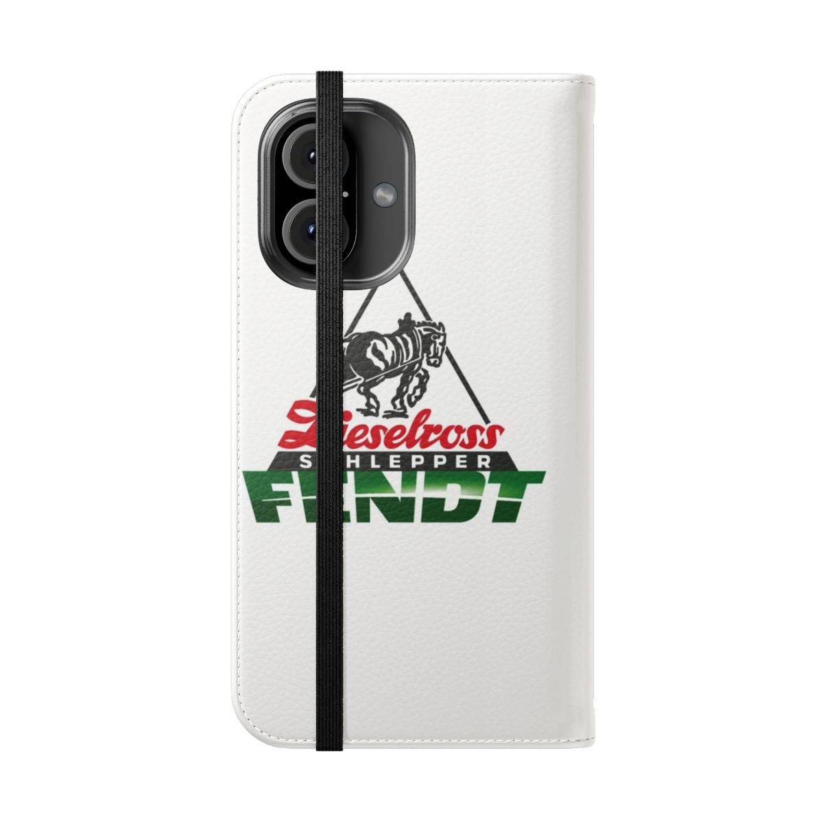 Flip cover phone case with a German tractor inspired Fendt diesel horsepower hauler design. - Folded Front