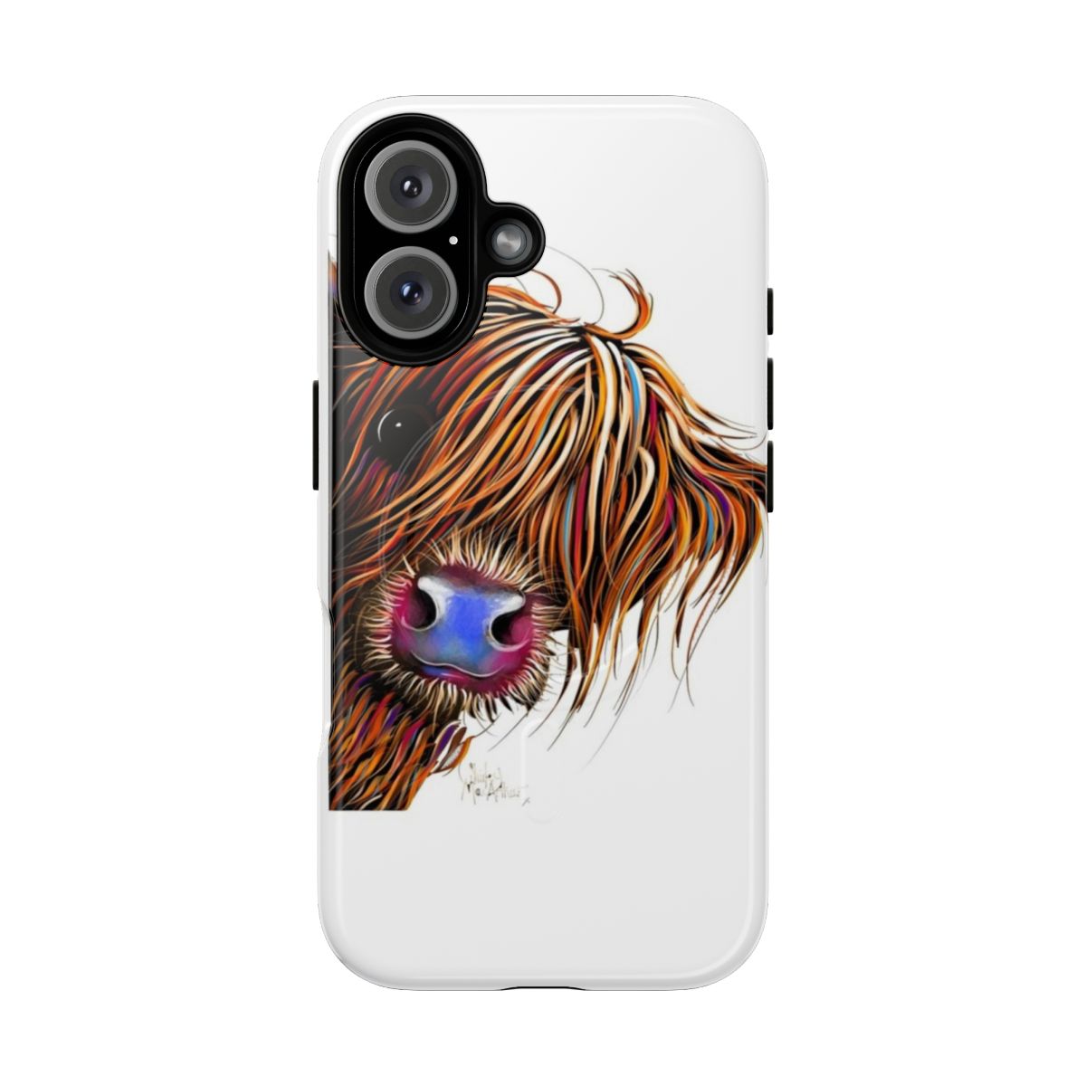 Magnetic phone case featuring a colorful highland cow print design