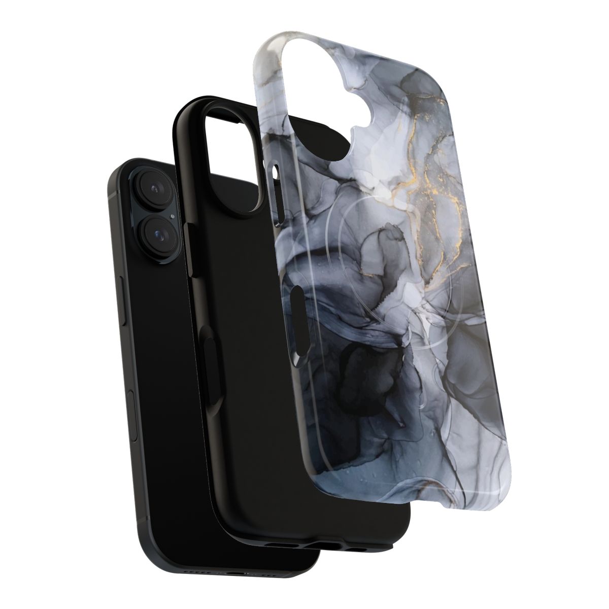 Minimalist phone case featuring a monochromatic abstract art design in shades of black, grey, and white. - Layers