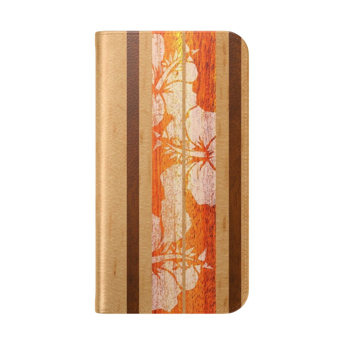 Orange flip cover phone case with faux wood surfboard design - Folded Back