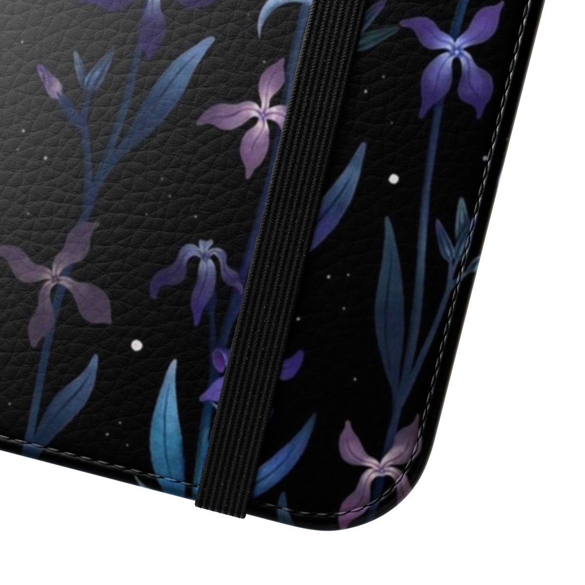 Elegant flip cover phone case featuring a botanical and moonlight design - Close Up