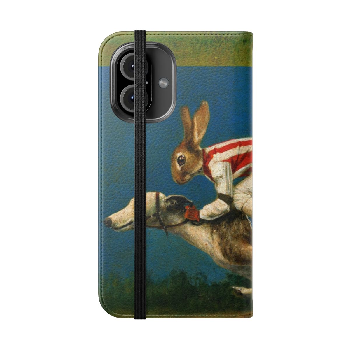 Whippet Racer themed flip cover phone case with an anthropomorphized whippet design - Folded Front