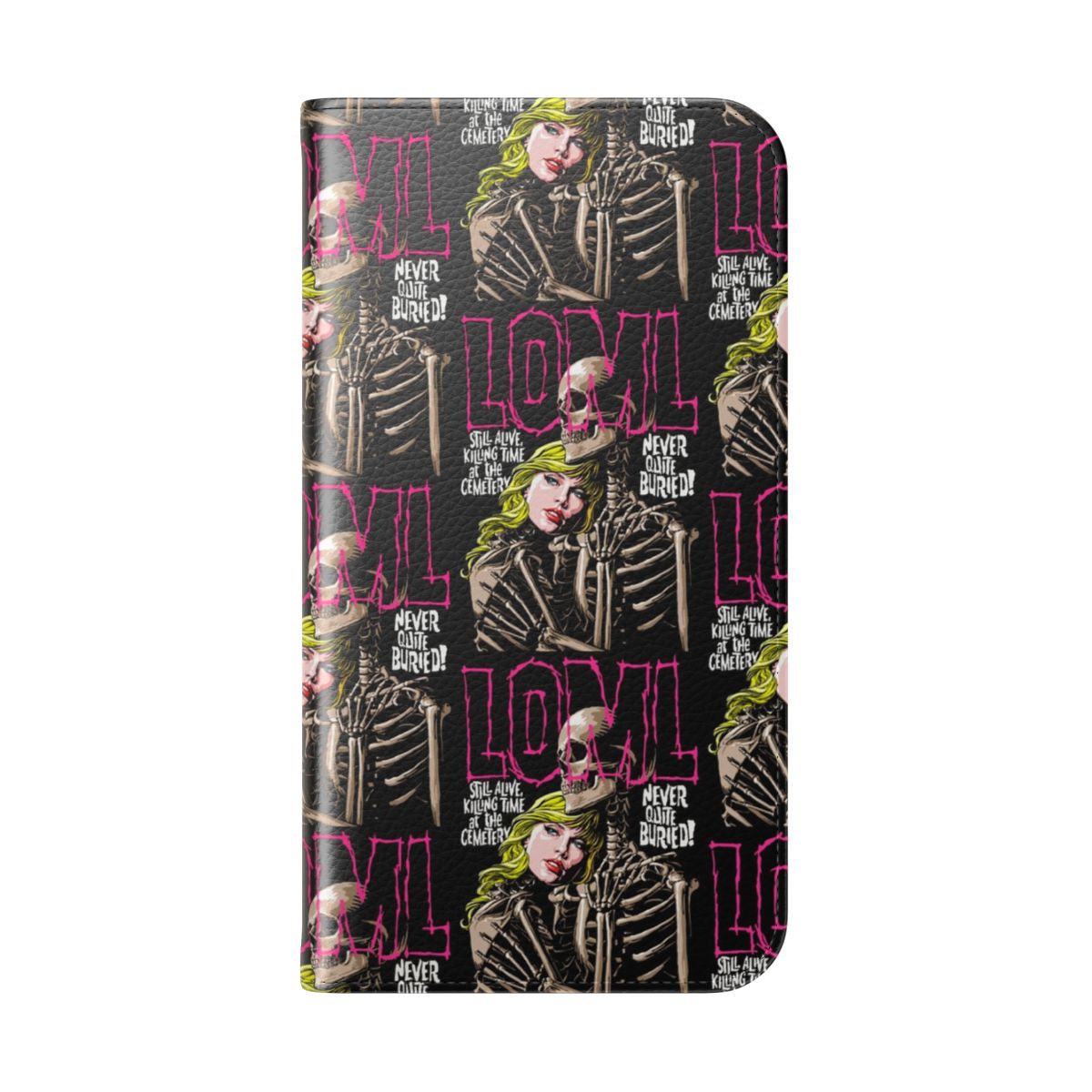 Vintage horror-themed flip cover phone case with skull and skeleton design - Folded Back