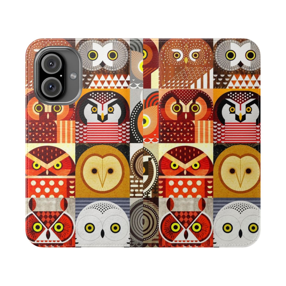 Image of a phone case featuring a digital illustration of North American owls.