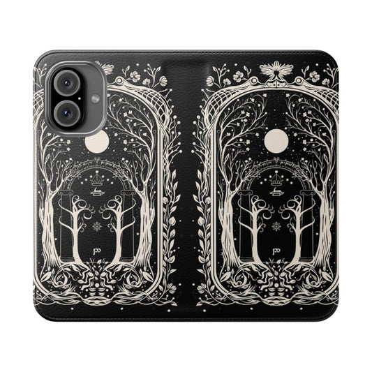 Flip cover phone case featuring a fantasy-inspired design with a magical forest, dark aesthetic, and full moon.