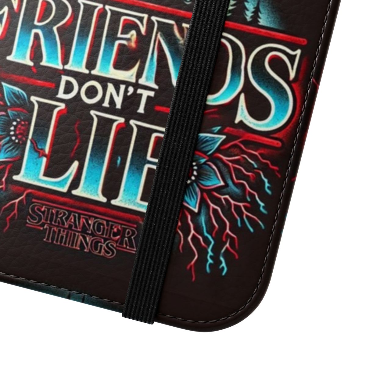 Stranger things inspired flip cover phone case with glowing typography and eerie forest design - Close Up