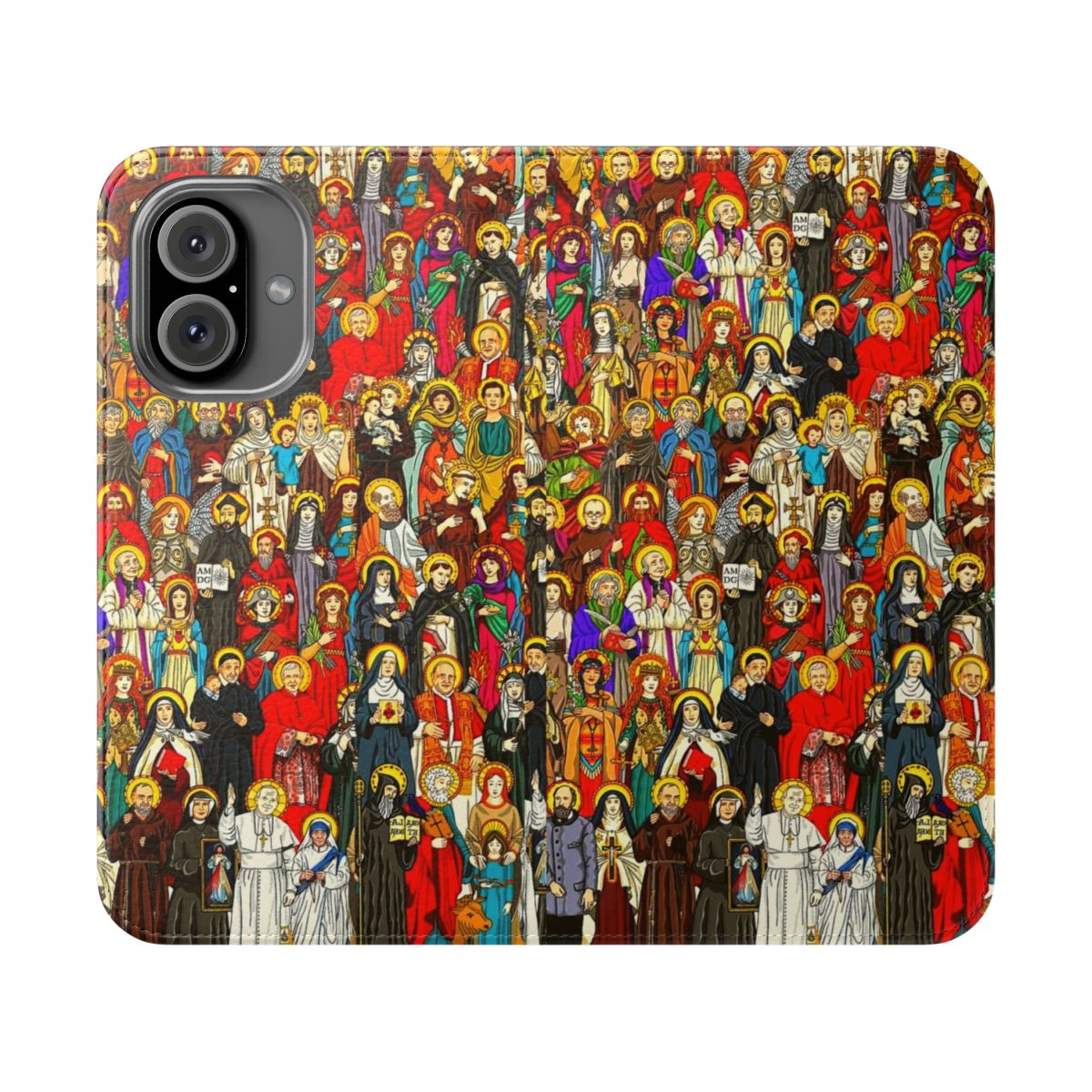 Flip phone case featuring illustrations of Catholic saints, including Padre Pio, Pope John Paul II, St. Francis, and St. Anthony.