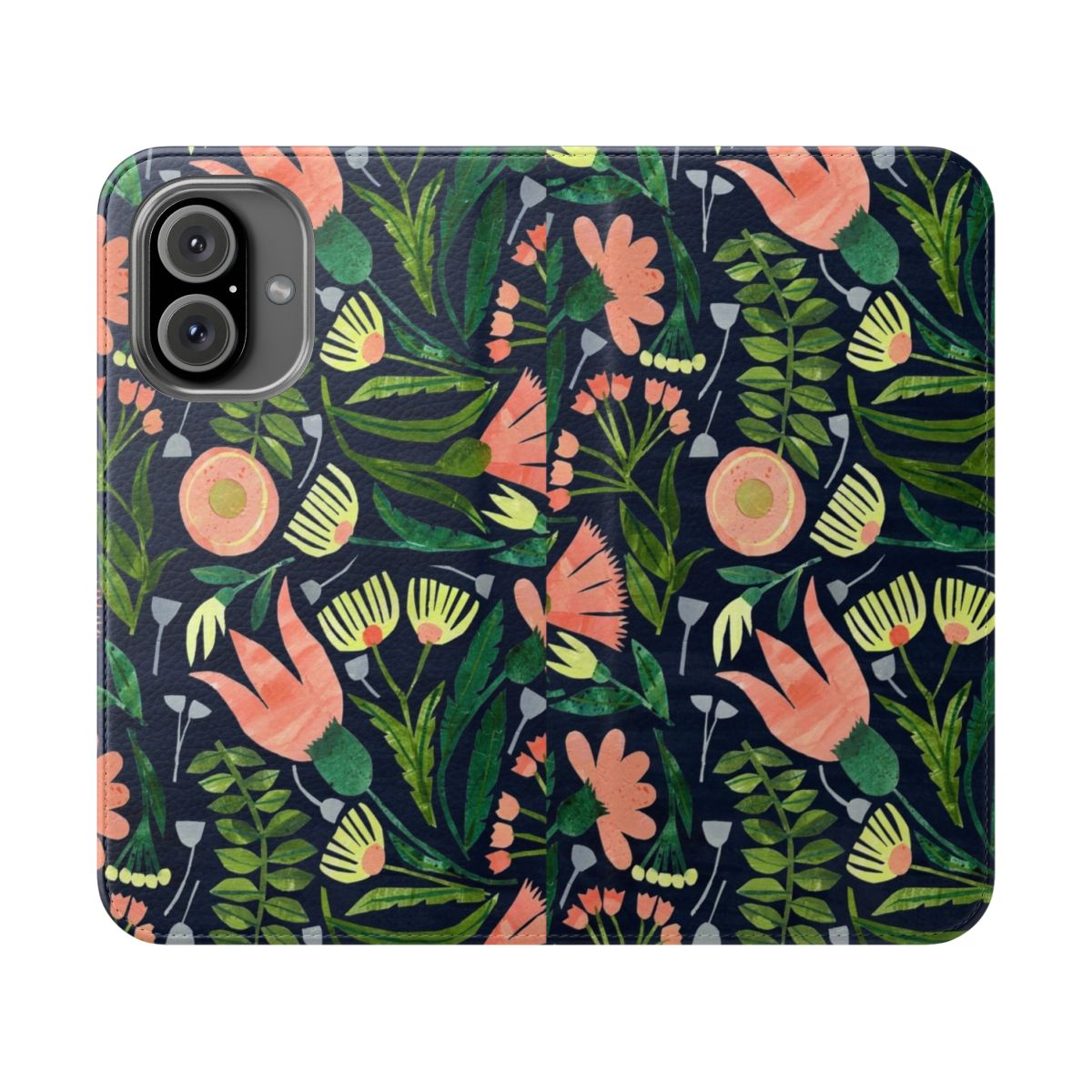 Colorful floral and foliage collage artwork on a phone case.