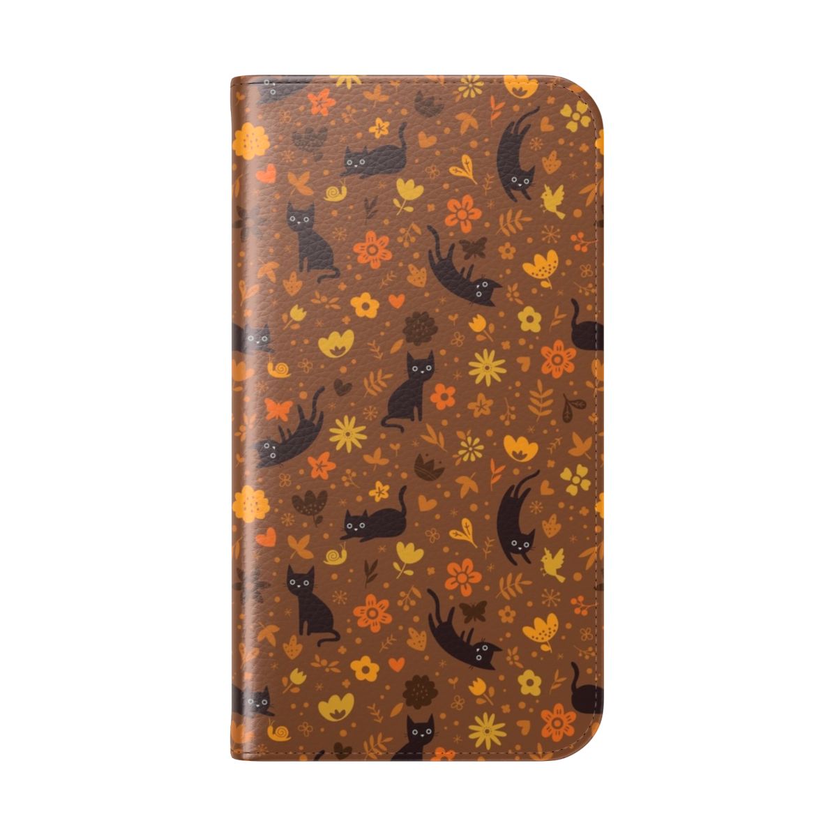 Flip phone case featuring a whimsical illustration of cats playing in an autumn garden with flowers, foliage, and butterflies. - Folded Back