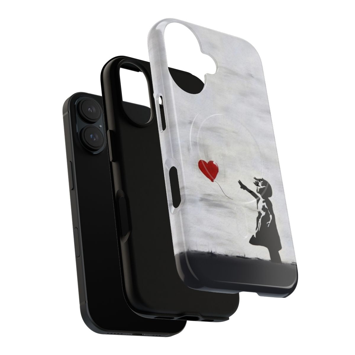 Banksy-inspired graffiti art featuring a girl with a heart balloon, printed on a high-quality phone case. - Layers