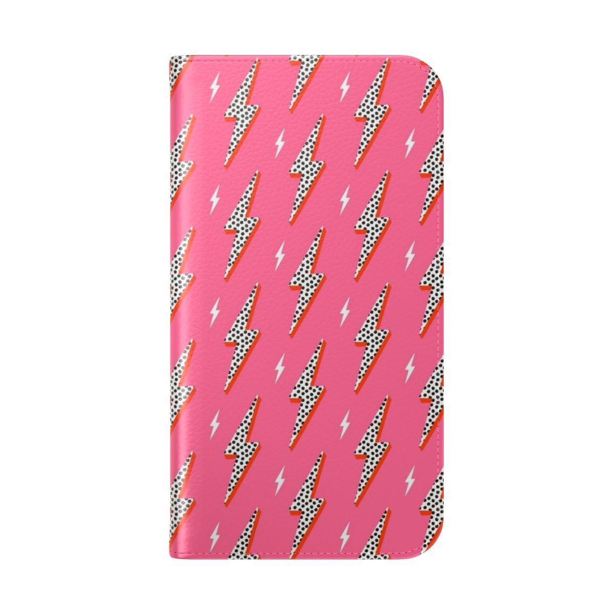 A pink flip cover phone case with a lightning bolt and thunder flash design. - Folded Back