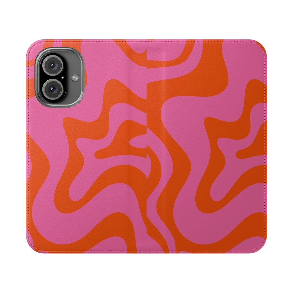 Retro abstract swirl pattern in pink, orange, and red on a flip phone case