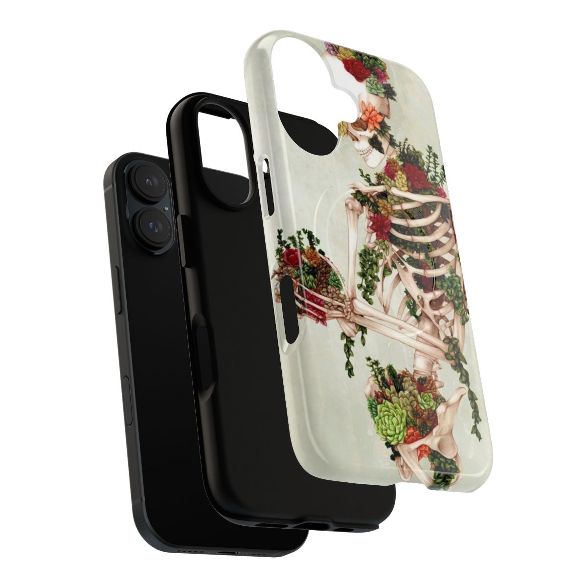 Magnetic tough phone case featuring a design with succulents and a skeleton. - Layers