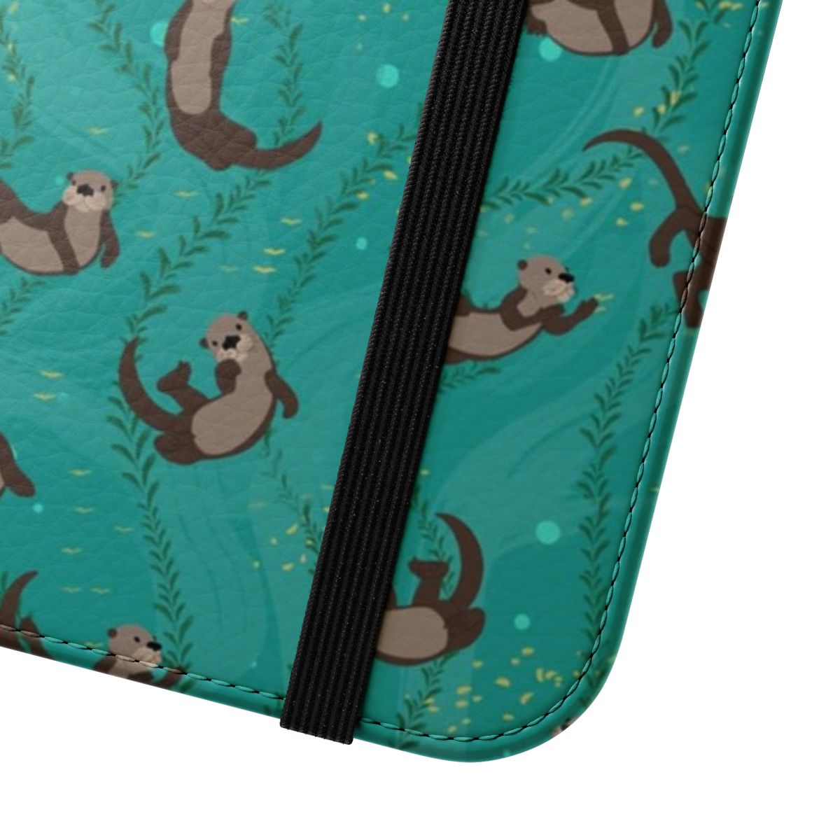 A whimsical phone case featuring a group of playful otters swimming underwater with bubbles. - Close Up