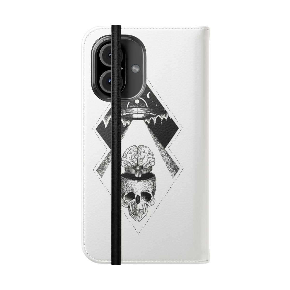 Black and white ink illustration featuring a brain, skeleton, and space elements on a phone case. - Folded Front