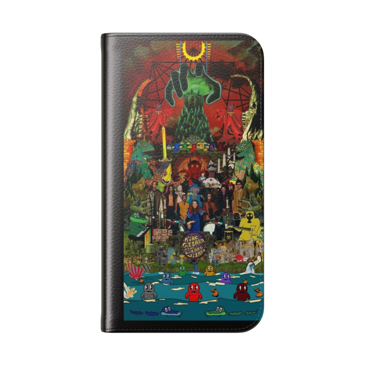 A flip cover phone case featuring a collage of artwork inspired by the music of King Gizzard and the Lizard Wizard. - Folded Back