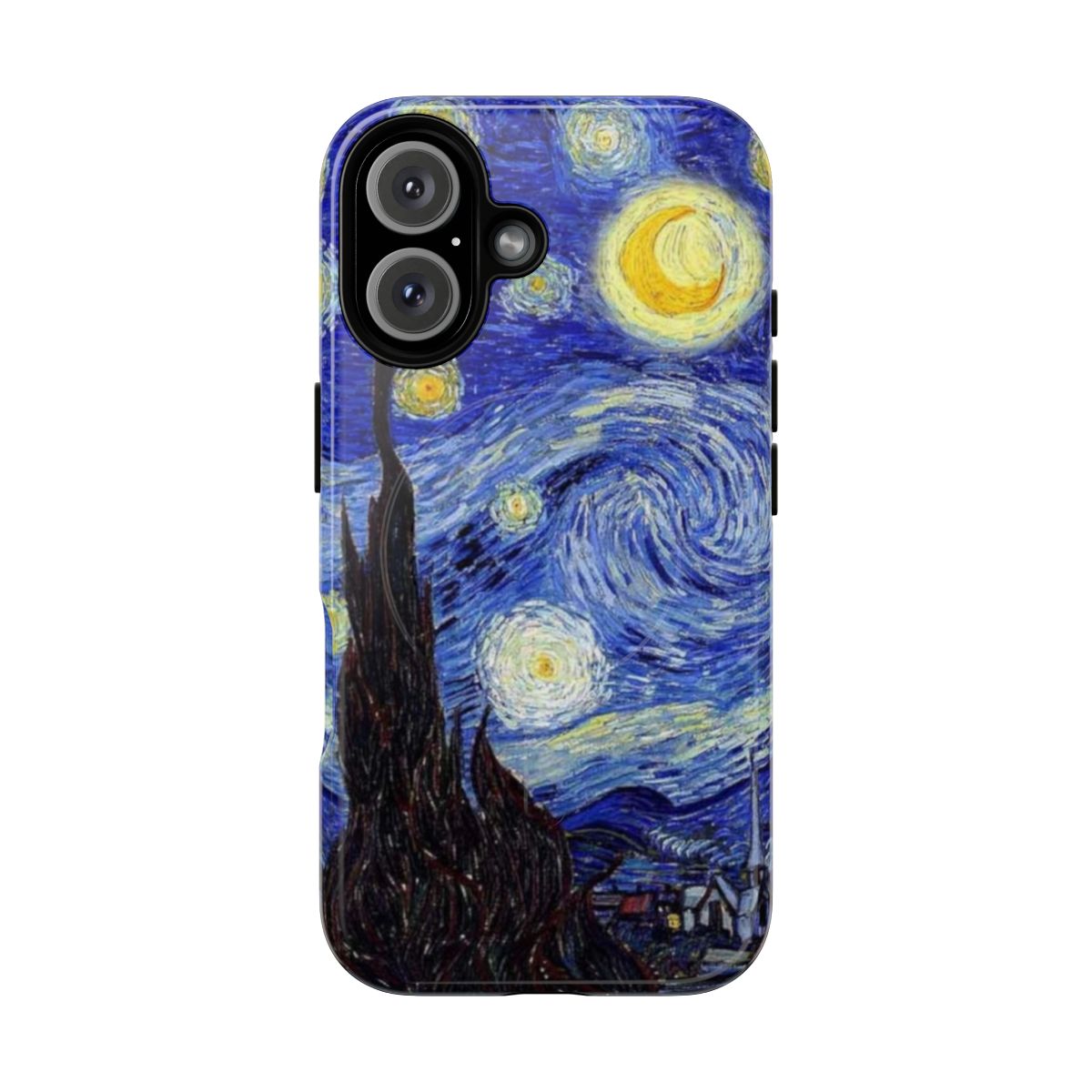 Phone case featuring a night sky with mountains and stars, inspired by Van Gogh's iconic painting "The Starry Night".