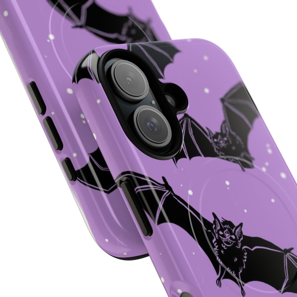 Pastel goth-inspired phone case featuring a violet and purple design with bats, stars, and a crescent moon. - Detail