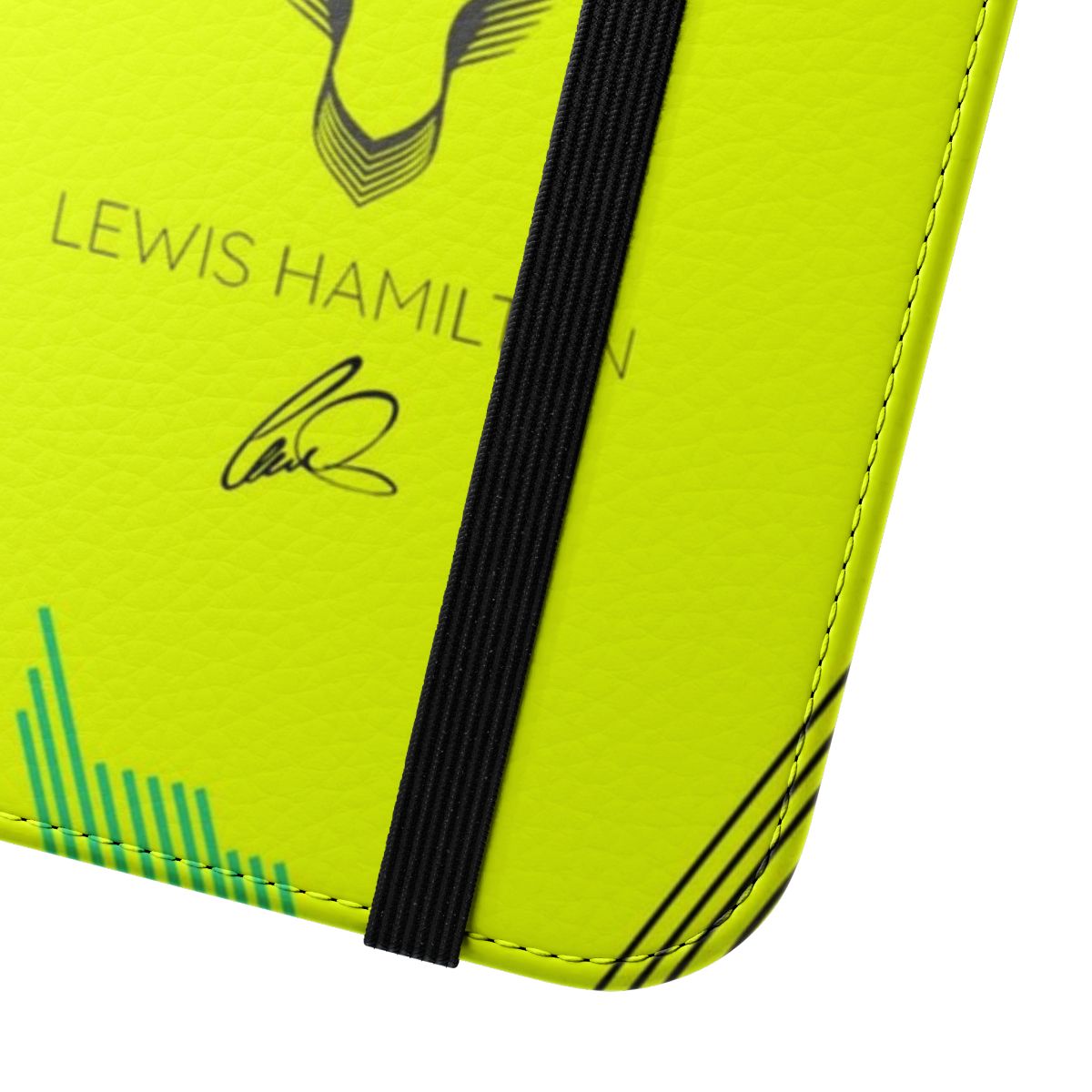 Yellow phone case with Mercedes AMG Petronas F1 team branding and Lewis Hamilton's iconic number 44 - Close Up