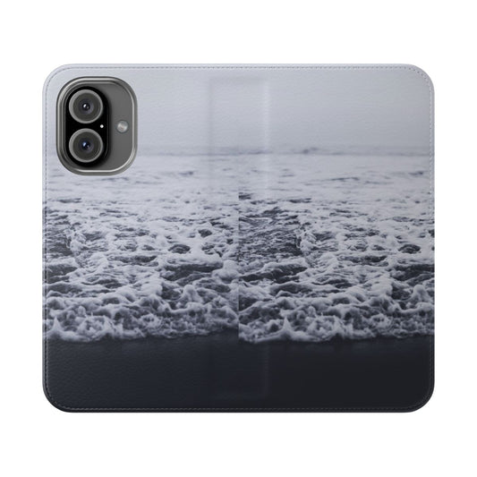 Flip cover phone case with a serene ocean and beach landscape design