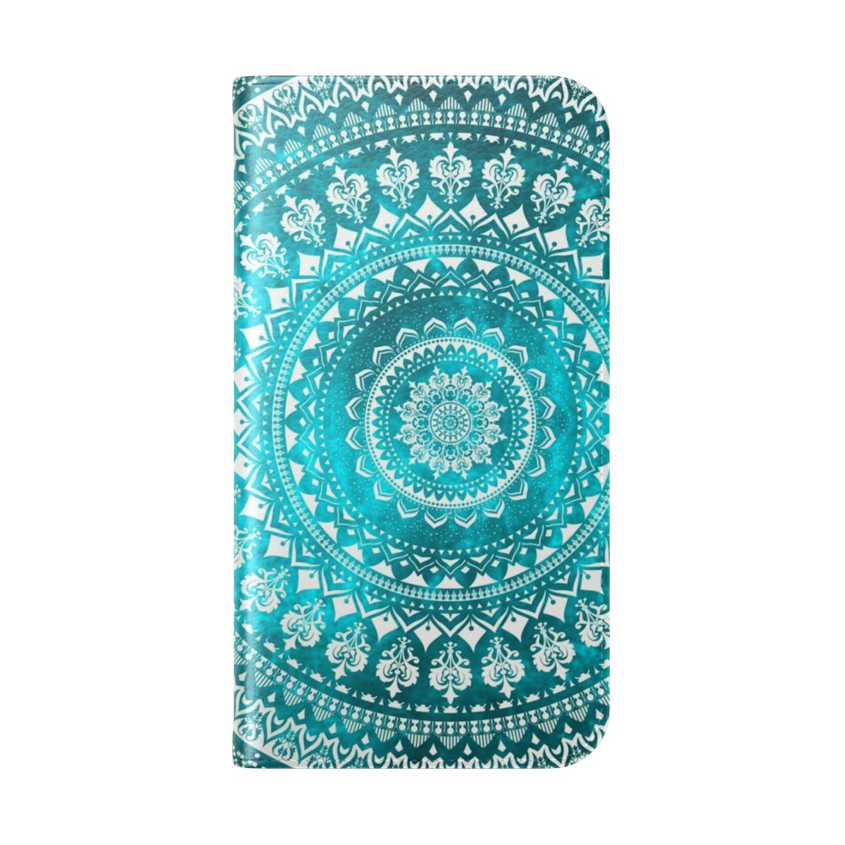 Vibrant mandala-patterned turquoise phone case with intricate tribal design - Folded Back