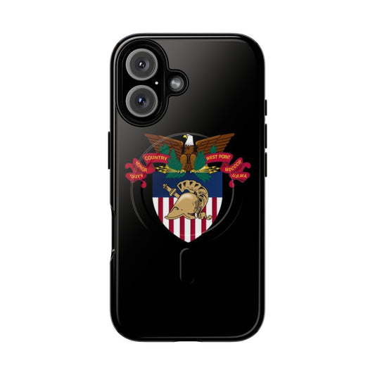 Patriotic phone case featuring the United States Military Academy (USMA) emblem, Spartan helmet, and eagle insignia.