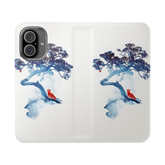 Artistic watercolor painting of an apple tree in a forest setting, used as the artwork for a flip cover phone case.