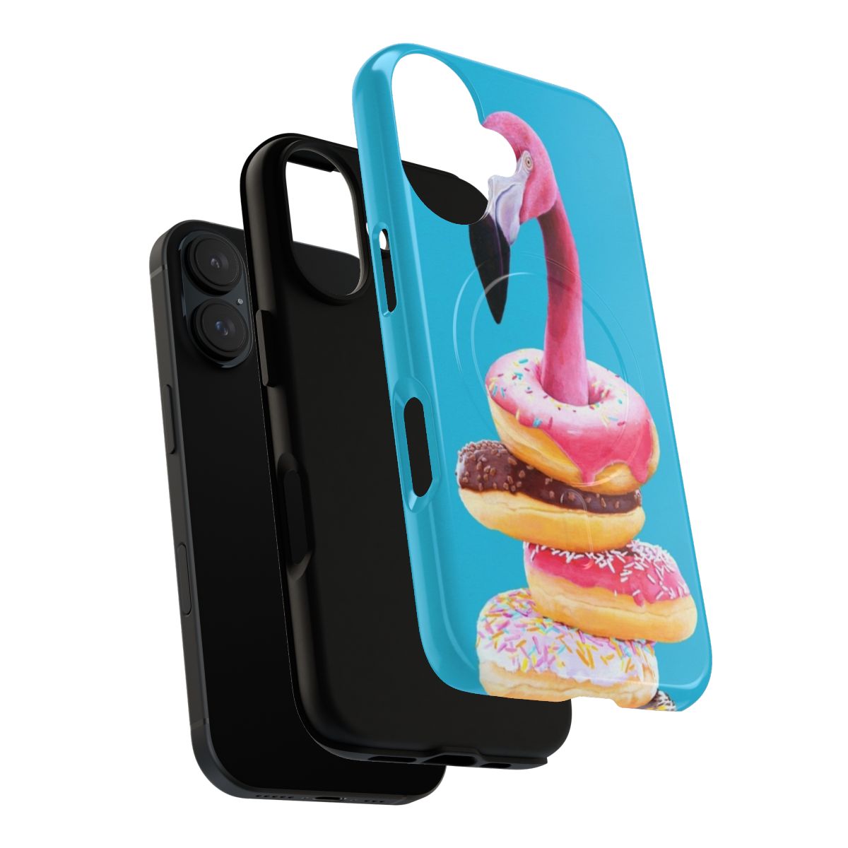 A flamingo-shaped doughnut phone case with a surreal, whimsical design - Layers