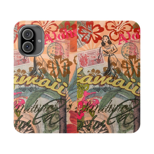 Vintage-style Hawaiian tropical floral and doodle collage design on a flip cover phone case