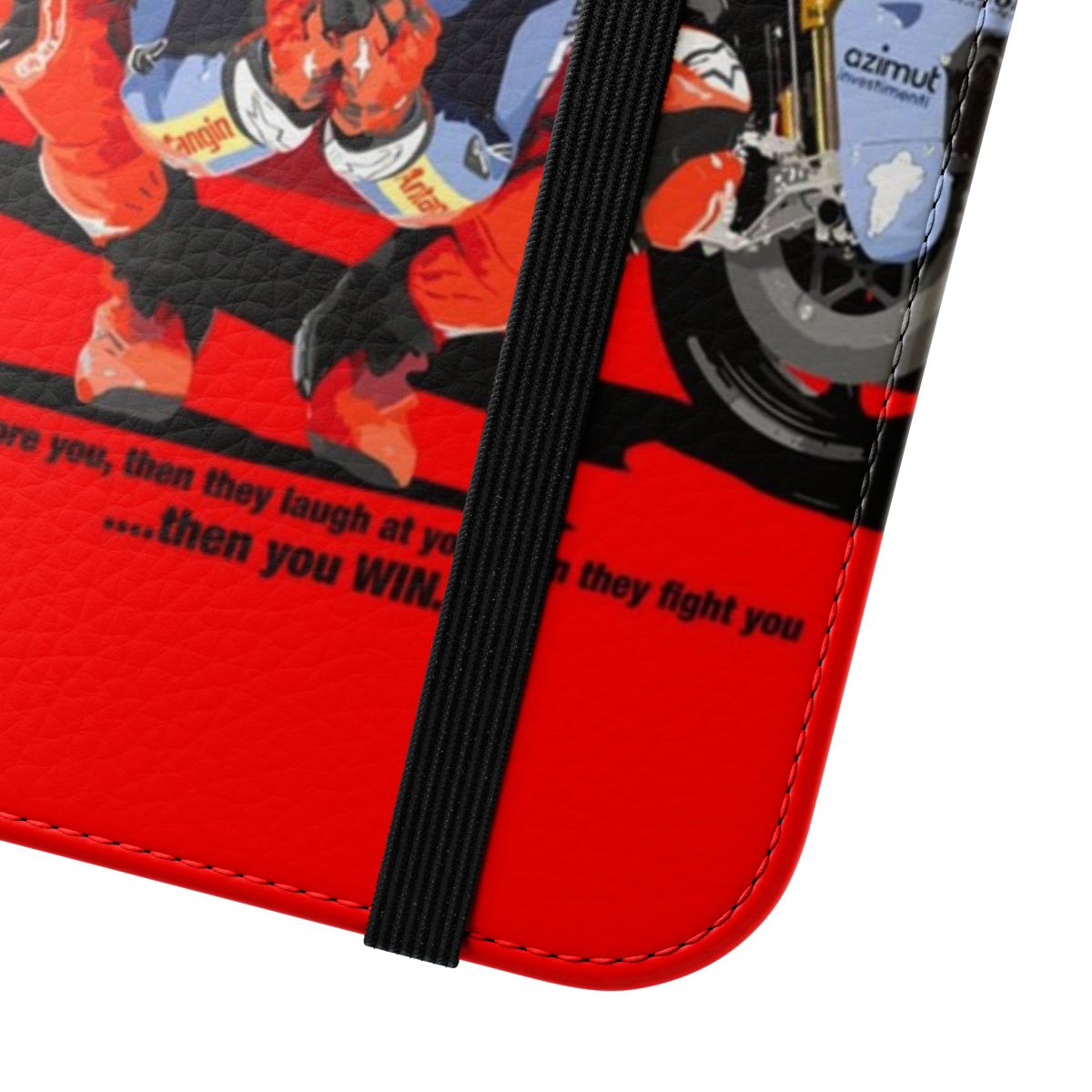 Motorcycle racing inspired flip cover phone case with a stylish design - Close Up