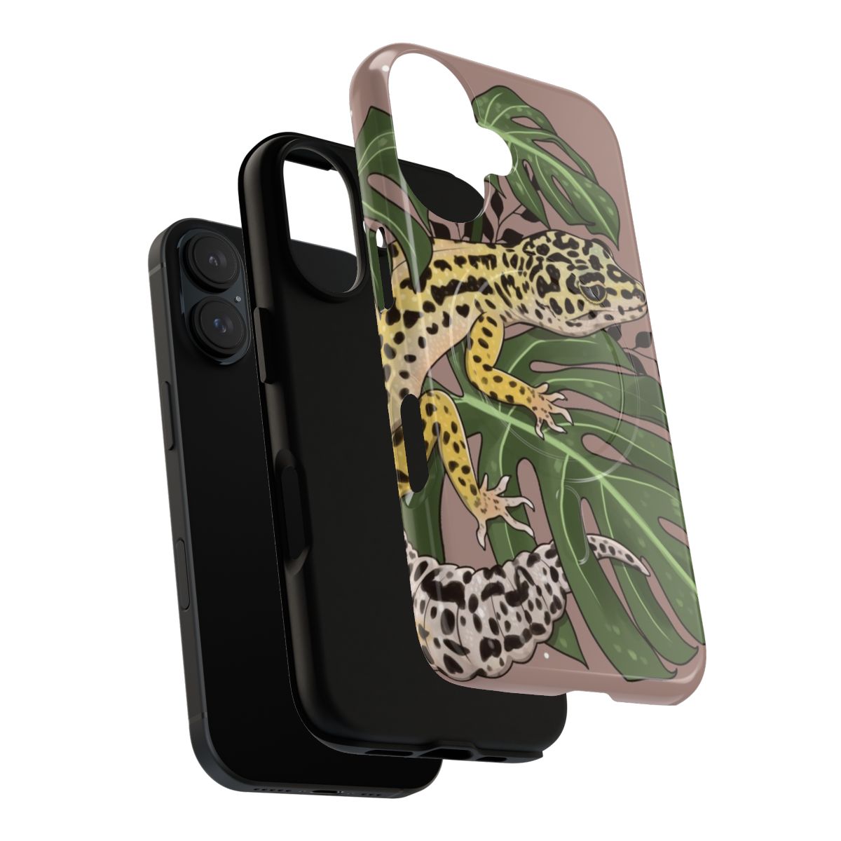 Magnetic phone case featuring a leopard gecko and monstera deliciosa plant design - Layers