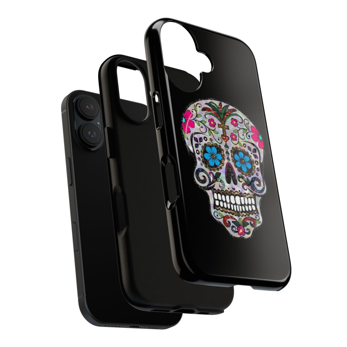 Colorful and vibrant sugar skull-patterned phone case with a touch of sequins for a subtle shine. - Layers